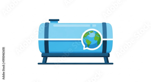 Blue industrial storage tank with globe symbol representing global resources.