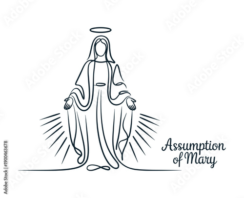 Stylized line of Virgin Mary with halo and radiating light beams jesus mother christianity.