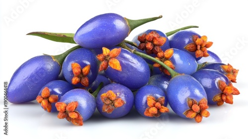 Fresh Blue Fruits with Orange Flower Buds Piled Together, Showcasing Vibrant Colors and Unique Natural Beauty for Culinary and Decorative Uses