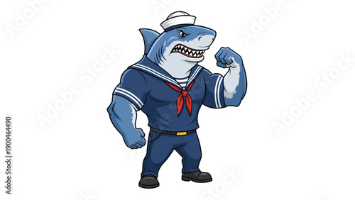 Muscular cartoon shark in sailor uniform flexing bicep