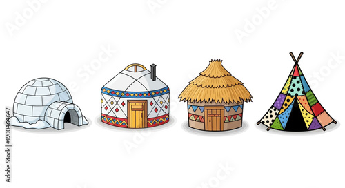Traditional Dwellings Igloo Yurt Hut and Tipi Vector Set