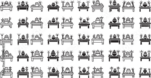 Black and white illustrations of various pots and plants on tables