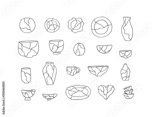 Japan Kintsugi ceramics line art set