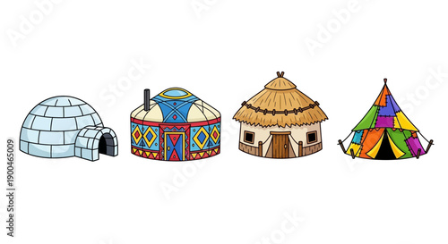 Traditional Global Dwellings Collection Cartoon Illustration