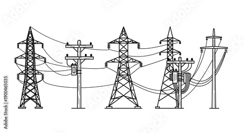 Electricity Grid Towers and Utility Poles Vector Line Art