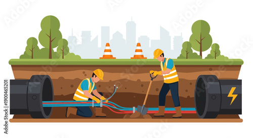 Utility Workers Install Fiber Optic Cables Underground