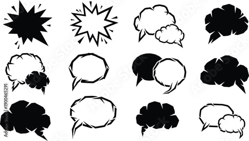 Assortment of black and white comic book speech and thought bubbles with dynamic shapes