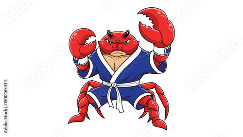 Cartoon red crab martial artist in blue gi, strong fighter mascot character, ready to compete, isolated on white background