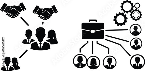 Black icons illustrating business relationships and organizational structure with a briefcase