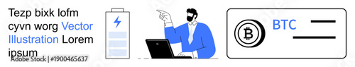 Cryptocurrency, finance, digital payments, electronic wallets, blockchain, energy usage. Bitcoin logo, person using laptop battery charging. Cryptocurrency and finance concepts