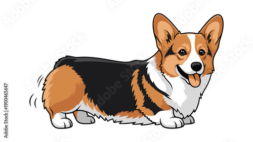 Happy Tricolor Corgi Dog Illustration with Wagging Tail. Cute Cartoon Vector Art of a Playful Pet