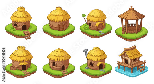 Cartoon Village Hut Game Assets Isometric 3D Icons Collection