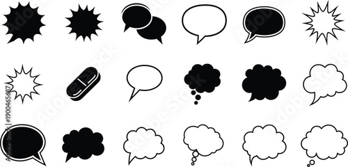 Varied collection of comic speech and thought bubbles, including shapes, starbursts, and a pill icon.