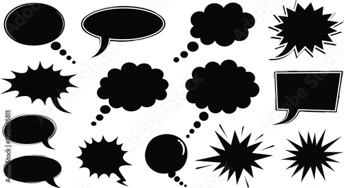 Diverse set of black speech and thought bubbles in comic book and pop art styles, ideal for design elements.