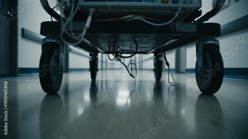 A medical ecg machine on wheels is pushed through a hospital corridor viewed from the floor