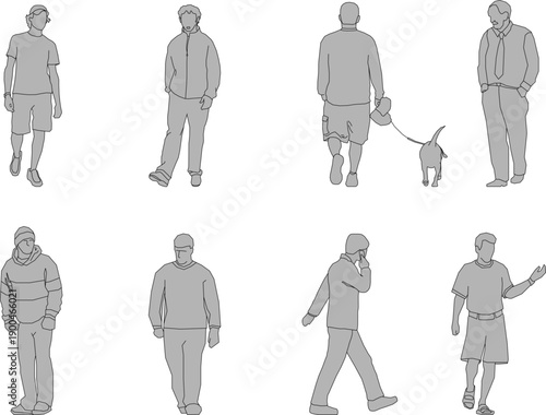 Detailed Outline Style Illustration of Urban Pedestrians and Families Representing Human Proportion, Daily Routine, and Contemporary City Environment