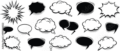 Variety of comic speech and thought bubbles featuring halftone dots, sharp edges, and cloud shapes.