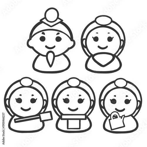 ひな祭りをモチーフにした人物セットの線画イラスト