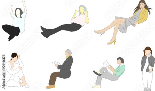 Flat Vector Illustration of People Sitting and Relaxing in Various Casual Poses Representing Modern Lifestyle and Everyday Human Activities.