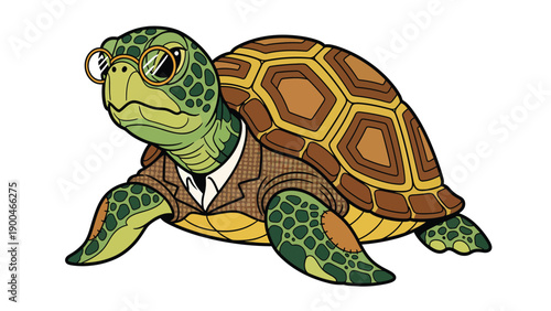 Sophisticated cartoon turtle in a suit and glasses, a wise and intelligent animal character illustration