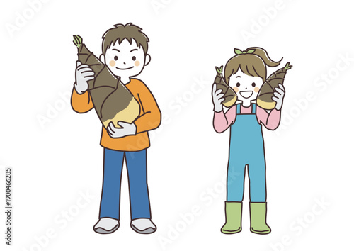 たけのこを収穫して持ち上げる、笑顔の男の子と女の子　シンプルなイラスト