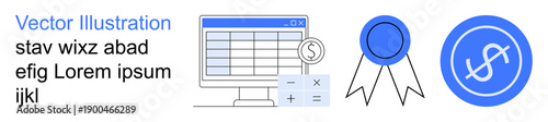 Financial planning, accounting services, cost management, investment tracking, budgeting tools, monetary analysis. Computer screen with a spreadsheet, calculation features, ribbon dollar icon