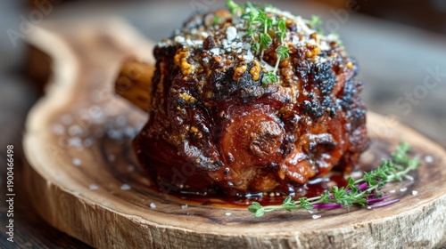 Delectable roasted meat dish garnished with herbs on a rustic wooden platter, showcasing rich colors and appetizing textures for culinary lovers