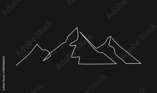 Minimalist Continuous Line Drawing of Mountain Peaks and Rolling Hills on Black Background Vector Illustration