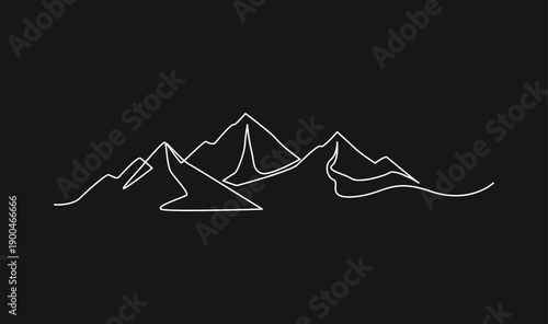 Minimalist White Line Art Drawing of Abstract Mountain Range Outline on Black Background