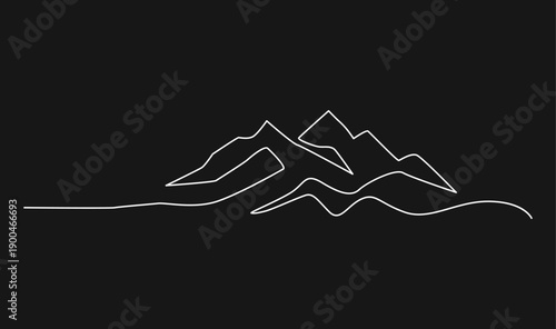 Minimalist Continuous Line Drawing of Mountain Peaks and Rolling Hills on Black Background Vector Illustration