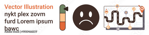 Emotional state, user interface, progress tracking, emotions, navigation, journey. A sad face icon with a progress bar and a navigation map. Emotional state and user interface concepts