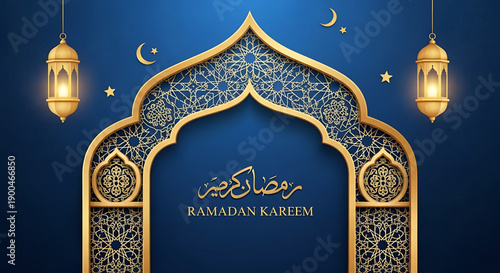 Ramadan Kareem Greeting with Ornate Golden Islamic Arch, Lanterns, and Crescent Moons on Blue Background and 3D Render