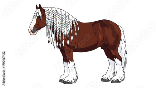 Majestic Draft Horse Illustration with Braided White Mane, Feathered Legs, and Colorful Decorations