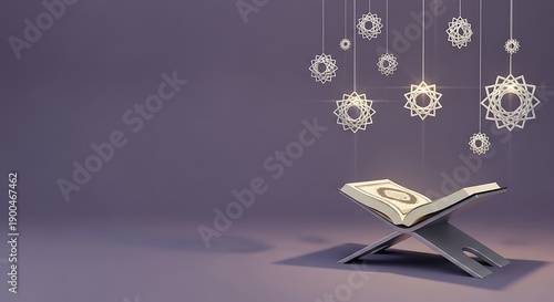 Serene Quran reading setup with decorative lanterns in purple ambiance