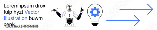 Technology, artificial intelligence, innovation, progress, robotics, automation. Robotic figure near a light bulb with a cog inside and arrows pointing forward. Technology and artificial intelligence