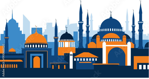 WebStylized silhouette graphic depicting a vibrant cityscape featuring traditional Islamic architecture like prominent mosques and minarets against a dark backdrop