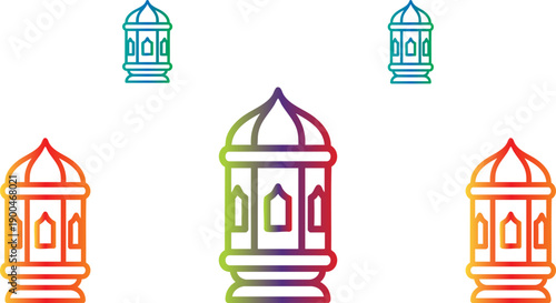 WebGroup of ornate traditional islamic lanterns illuminated with vibrant gradient colors representing celebration and cultural heritage in a dark setting