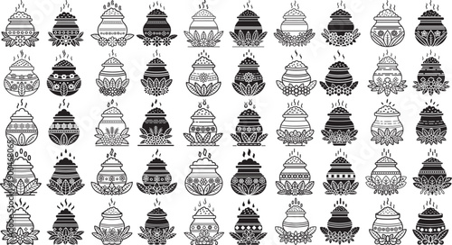 blackandwhiteillustrationsofvarioustraditionalpotterydesignswithlidandsteamemittingfromtop