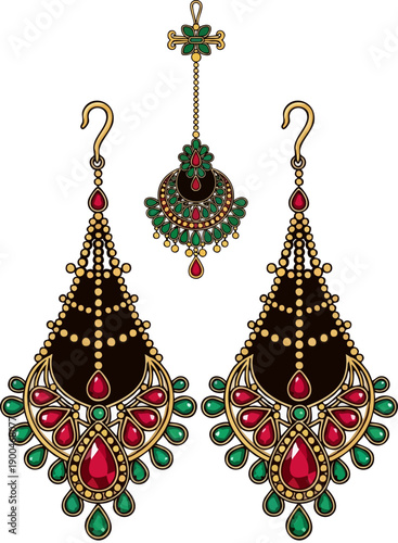 WebExquisite pair of traditional Indian gold chandelier earrings intricately embellished with stunning red ruby and vibrant green emerald gemstones worn for special occasions.