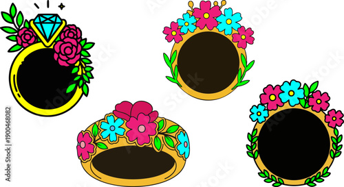 WebCollection of four decorative floral and gemstone ring frame vectors perfect for whimsical romantic jewelry design elements and wedding invitations