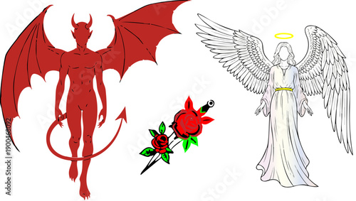 WebStark visual dichotomy contrasting a red horned devil silhouette against a bright white winged angelic figure symbolizing ultimate conflict and moral choice