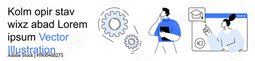 Workplace training, education technology, team collaboration, online courses, problem solving, innovation. Gear icons and professional figures connected to a learning interface. Workplace training