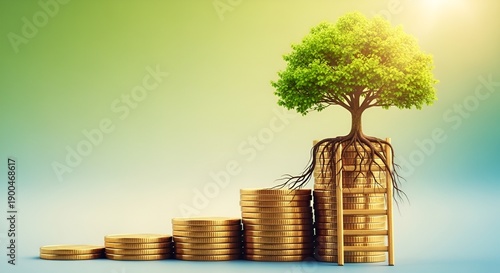Tree growing from stacked coins, representing financial growth and investment, viewed from the side in a bright green environment.