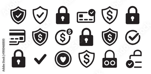 Security and verification check icons with shield lock checkmark and financial protection symbols