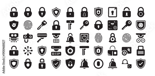 Security and lock flat icons set protection and privacy symbols black silhouettes isolated on white