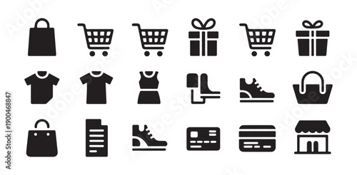 Set of shopping icons including bags carts gifts clothes shoes and credit cards