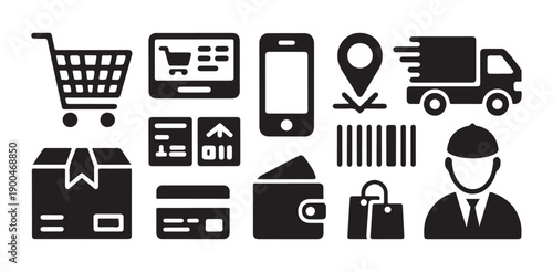 Online shopping and delivery icons including cart phone truck box and barcode