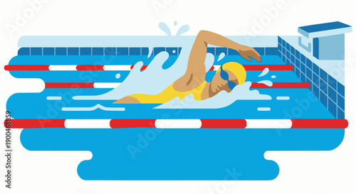 Swimmer Freestyle Stroke
A flat vector illustration of a swimmer performing freestyle stroke in a swimming pool. Water splashes, lane lines visible. Clean flat vector style, solid colors, no gradients