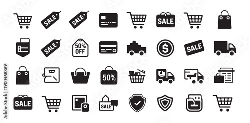 E-commerce icons for sales discounts shopping carts delivery and security