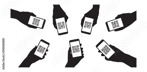Mobile payment concept hands holding smartphones with qr code vector silhouette icons illustration set.
